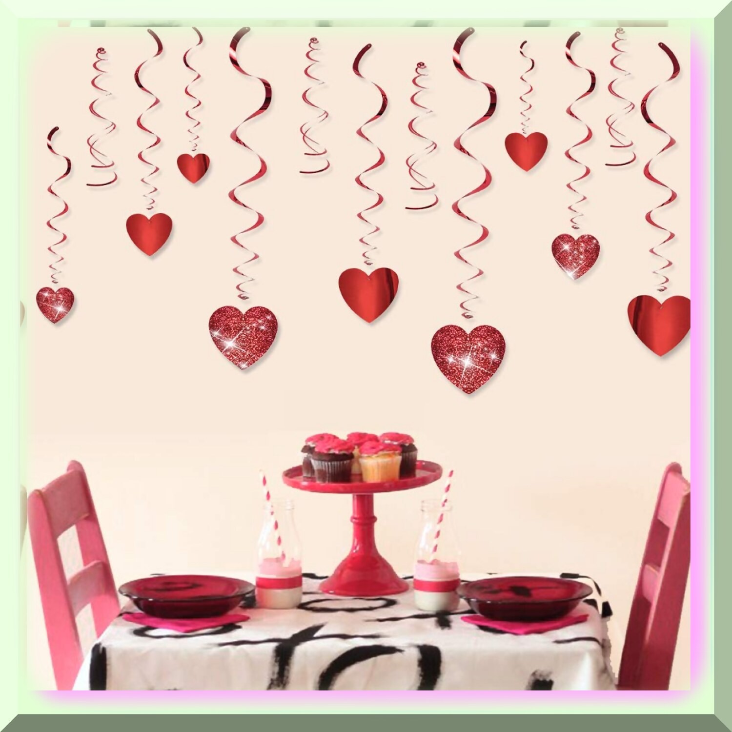 Sparkling Love Celebration Hanging Decor with Glitter Hearts and Swirls