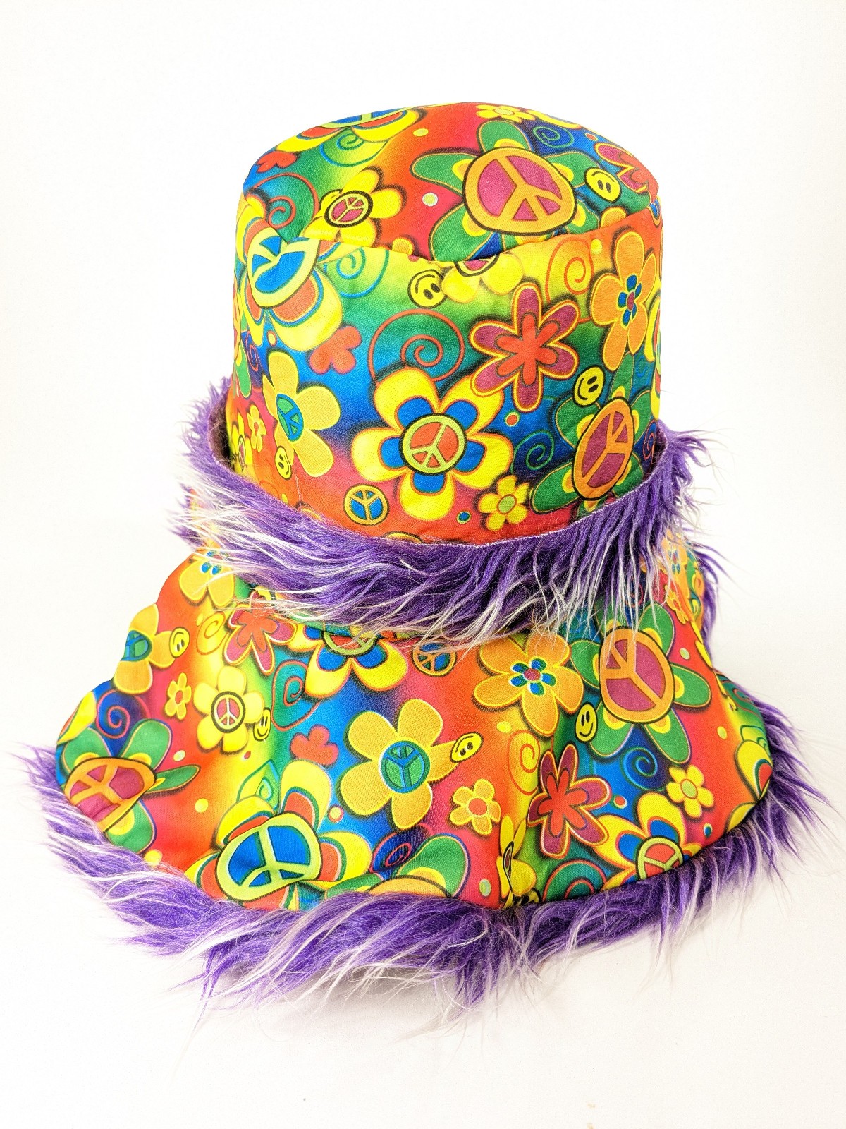 Vtg Y2K Fuzzy Faux Fur Purple Peace Sign Wide Brim Floppy Hat Hippie Costume
