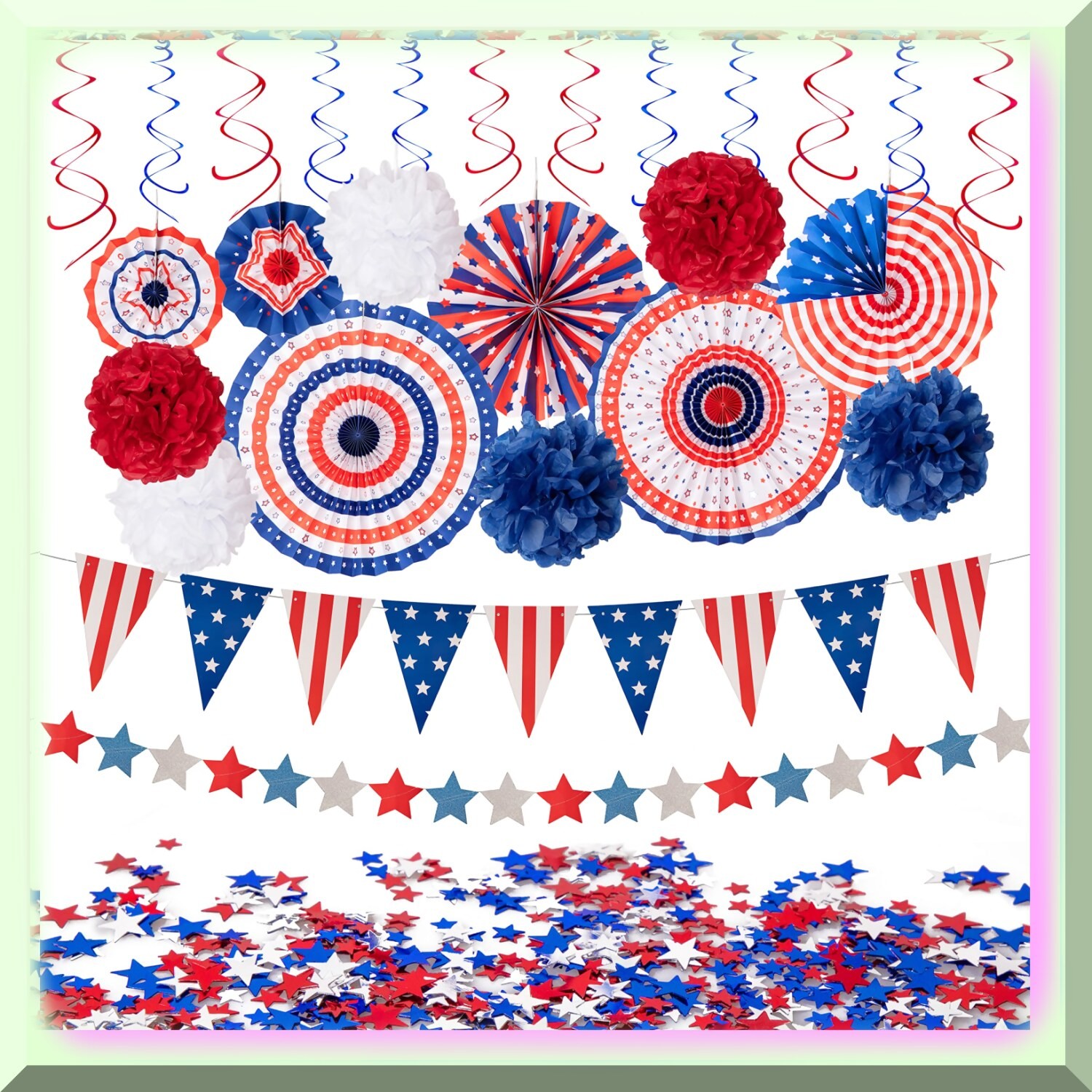 Red, White, and Blue Patriotic Party Decor Set with Flags and Stars