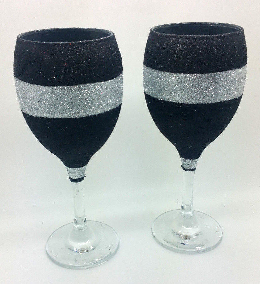 2 BLACK SILVER GLITTER GLASS CHRISTMAS DECORATION PARTY PRESENT GIFT BIRTHDAY