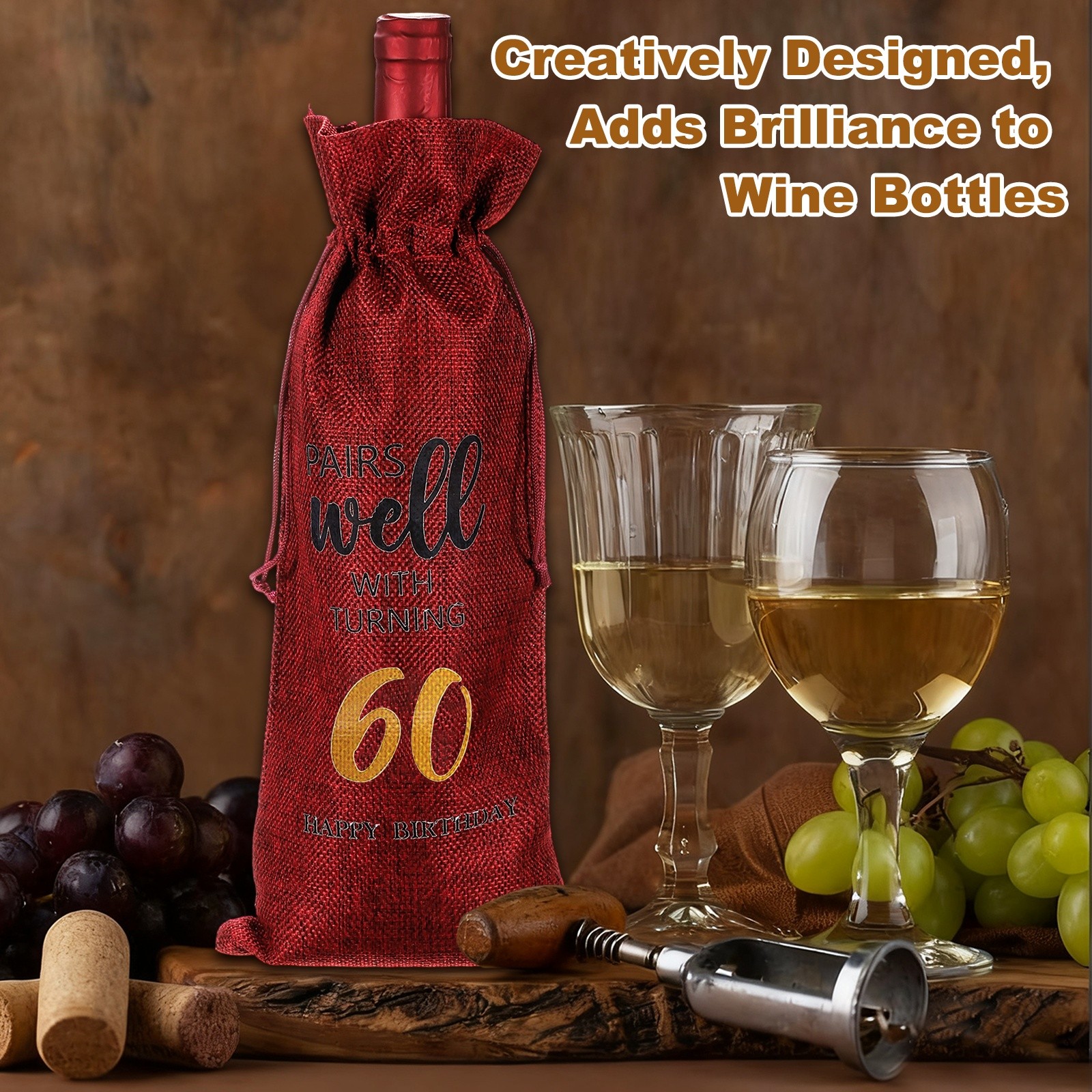 6 x 14 Inch 60th Birthday Gift Wine Bottle Bag with Drawstring, Red