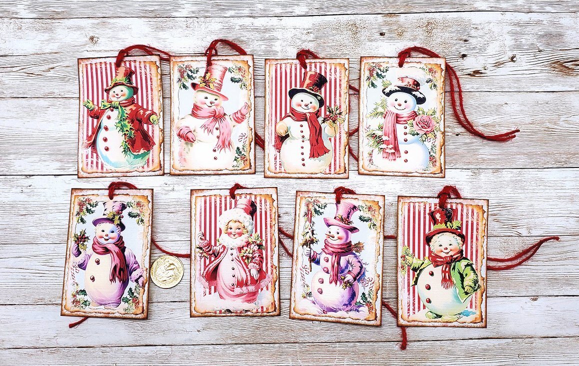 8-Christmas-Retro-Mid Century-Snowman-Linen Cardstock-Gift-Hang-Tags