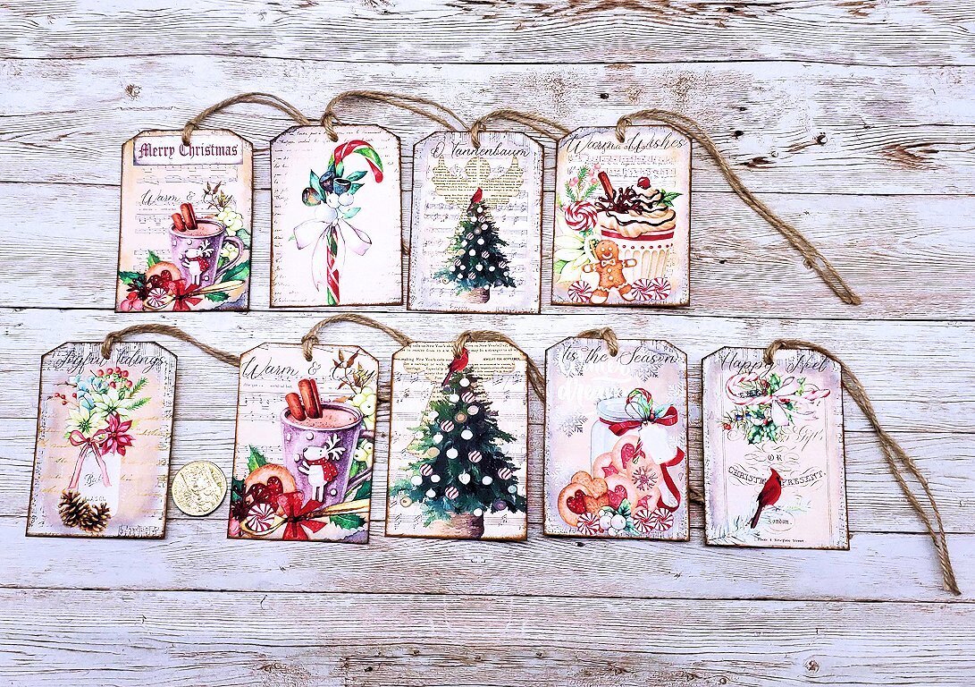 9-Christmas-Farmhouse-BOHO-Junk Journal-Holiday-Linen Cardstock-Gift-Hang-Tags