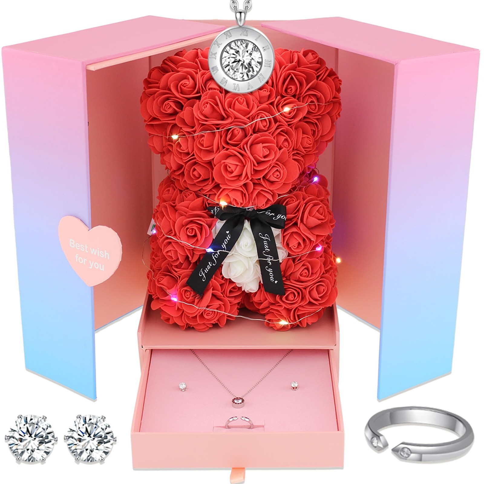 Rose Bear Teddy Bear Artificial Flowers Forever Gift Box Set for Her Girlfrie…