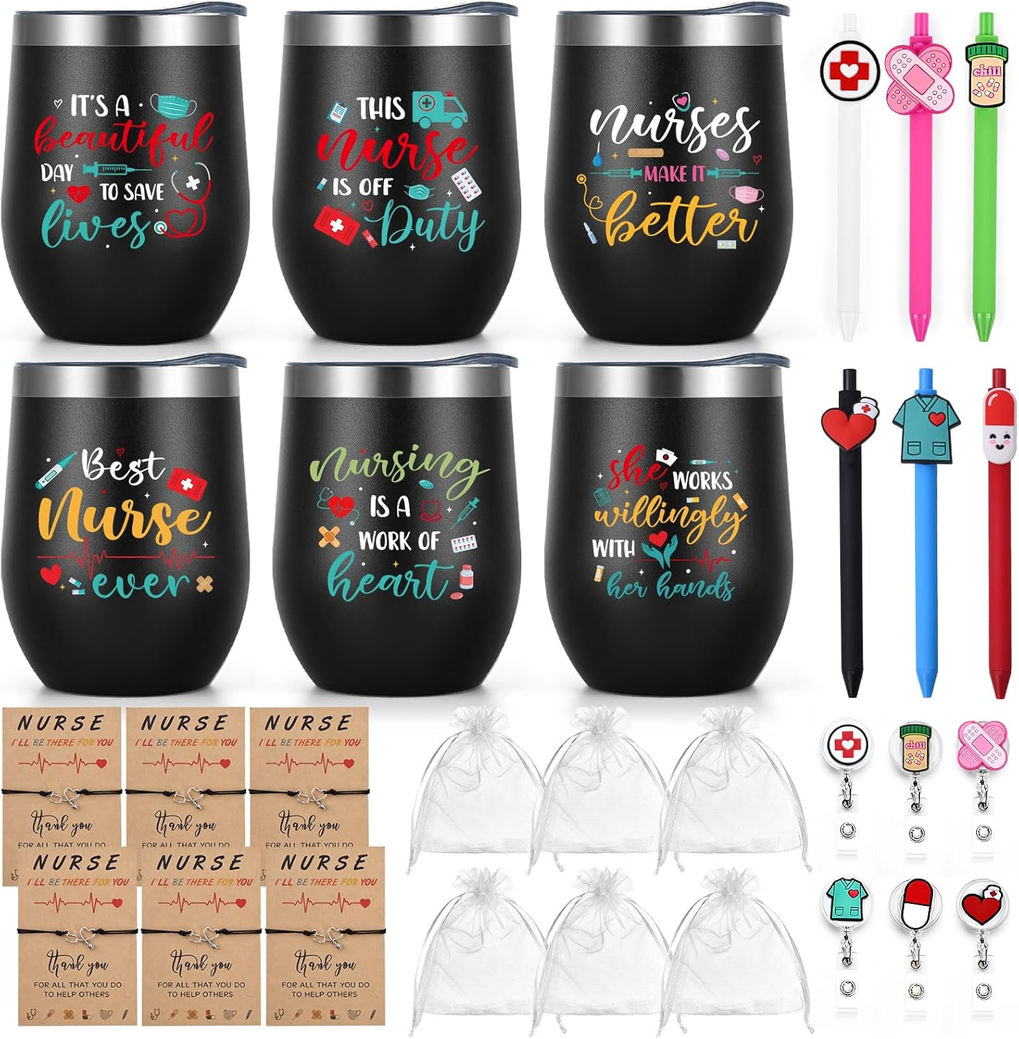 30Pcs Nurses Week Gifts Bulk 2026, 12Oz Nursing Wine Tumblers, Badge Clips, Ball