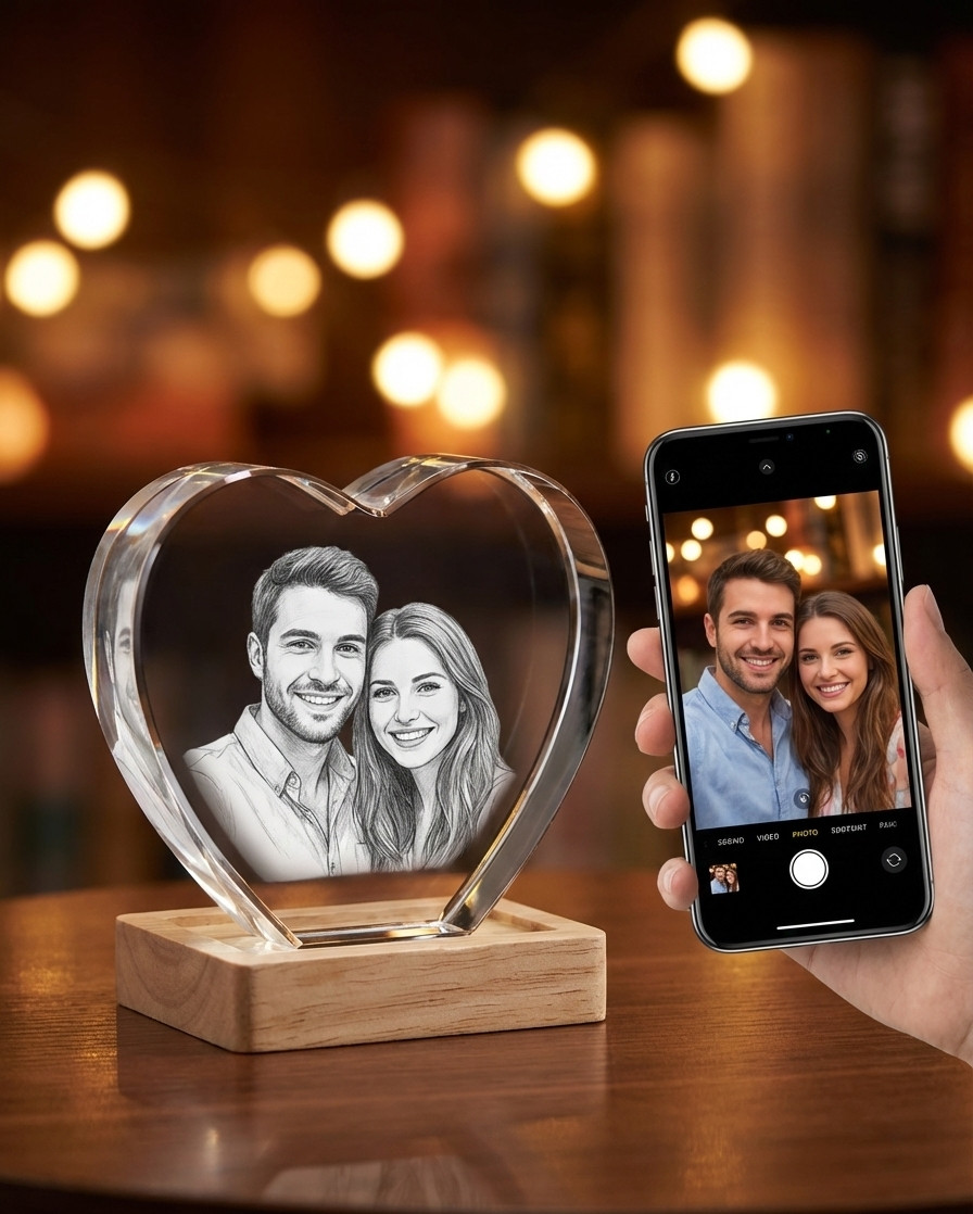 Personalised 3D Crystal Photo Laser Engrave etched picture Love Heart shape