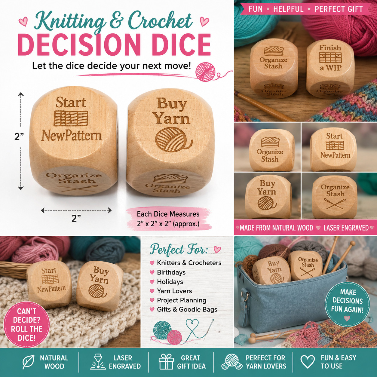 Crochet Knitting Decision Dice Wooden 2pc Set Fun Gift for Yarn Lovers Craft NIP