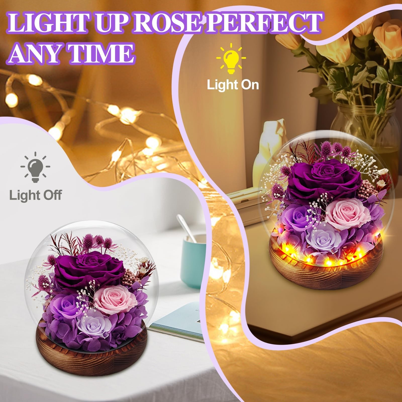 Preserved Rose Forever Flowers in Glass Dome Gifts for Women, Long-Lasting Re…