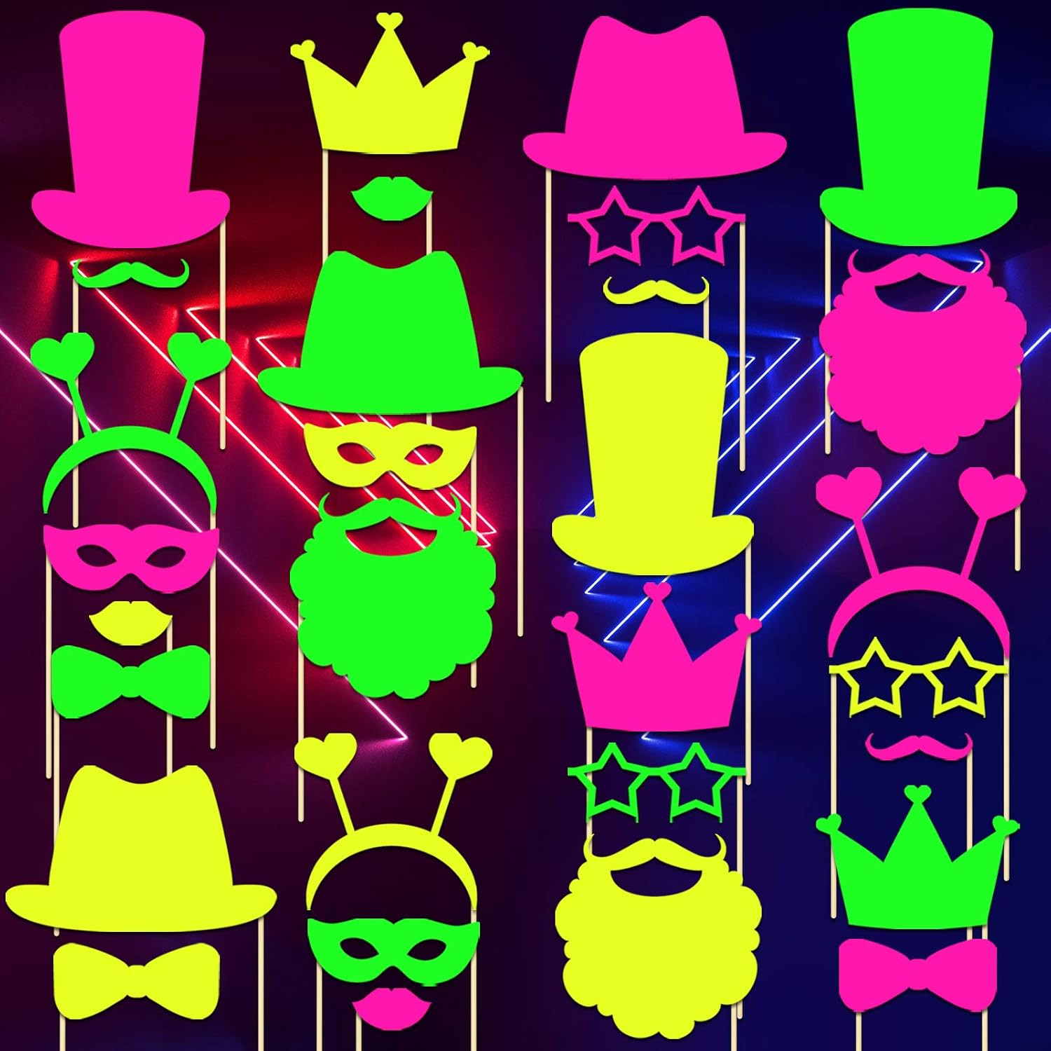 24 Pcs Neon Photo Booth Props Glow Colorful Black Light Fluorescent Decorations