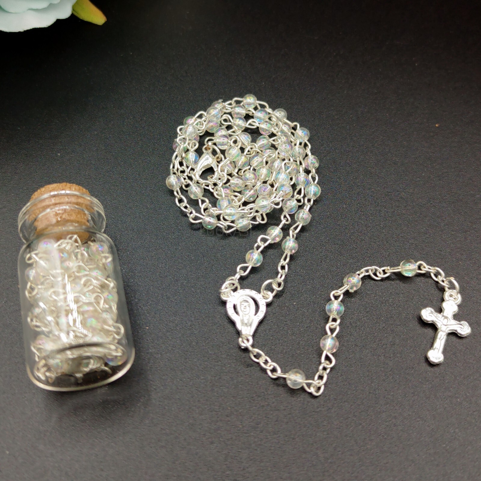 US 12pcs Clear Rosary Necklace in Wishing Bottle w Organza Bag for Keepsake