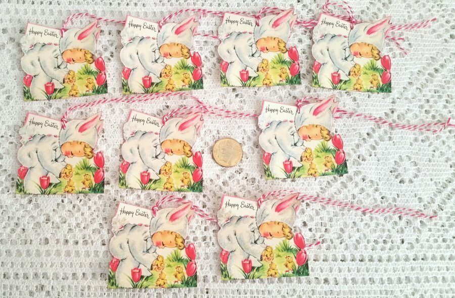 9~Easter~Vintage~Retro~Bunnies~Fussy Cut~Linen Cardstock~Gift~Hang~Tags~Ornies