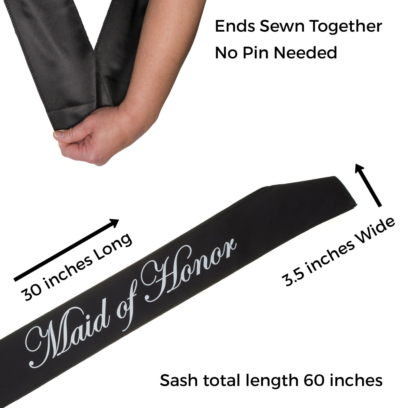 Maid of Honor Sash, Black Satin Bridal Party Sashes Bachelorette Party