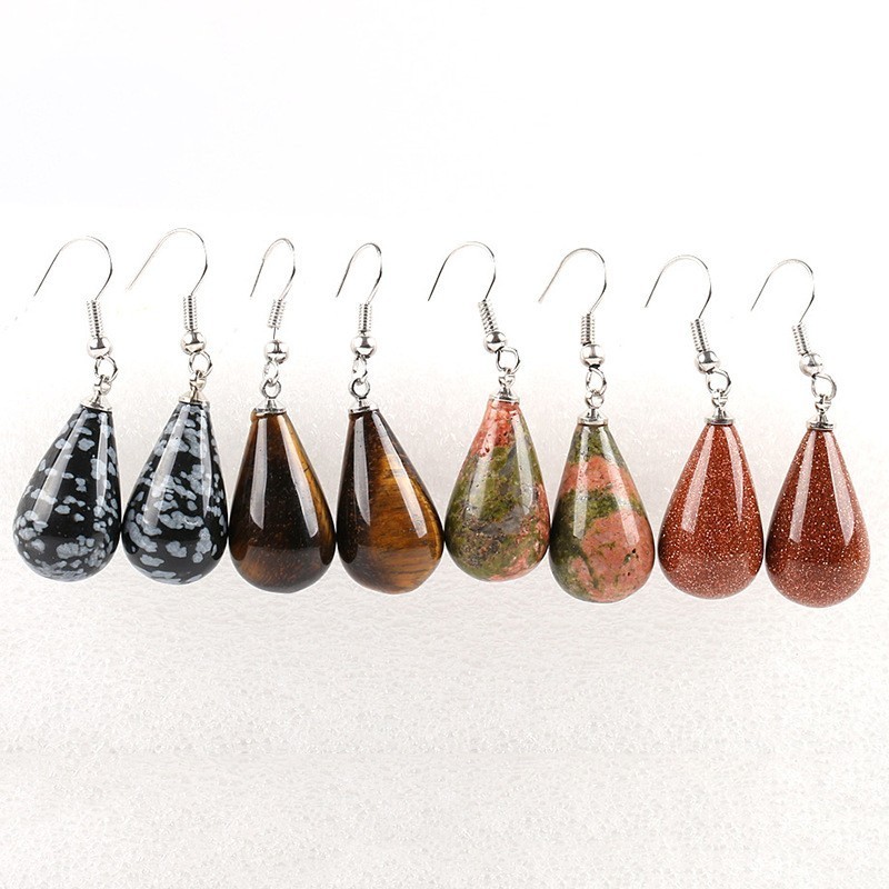 Teardrop Gemstone Dangle Earrings – Healing Crystal Water Drop Hook for Women