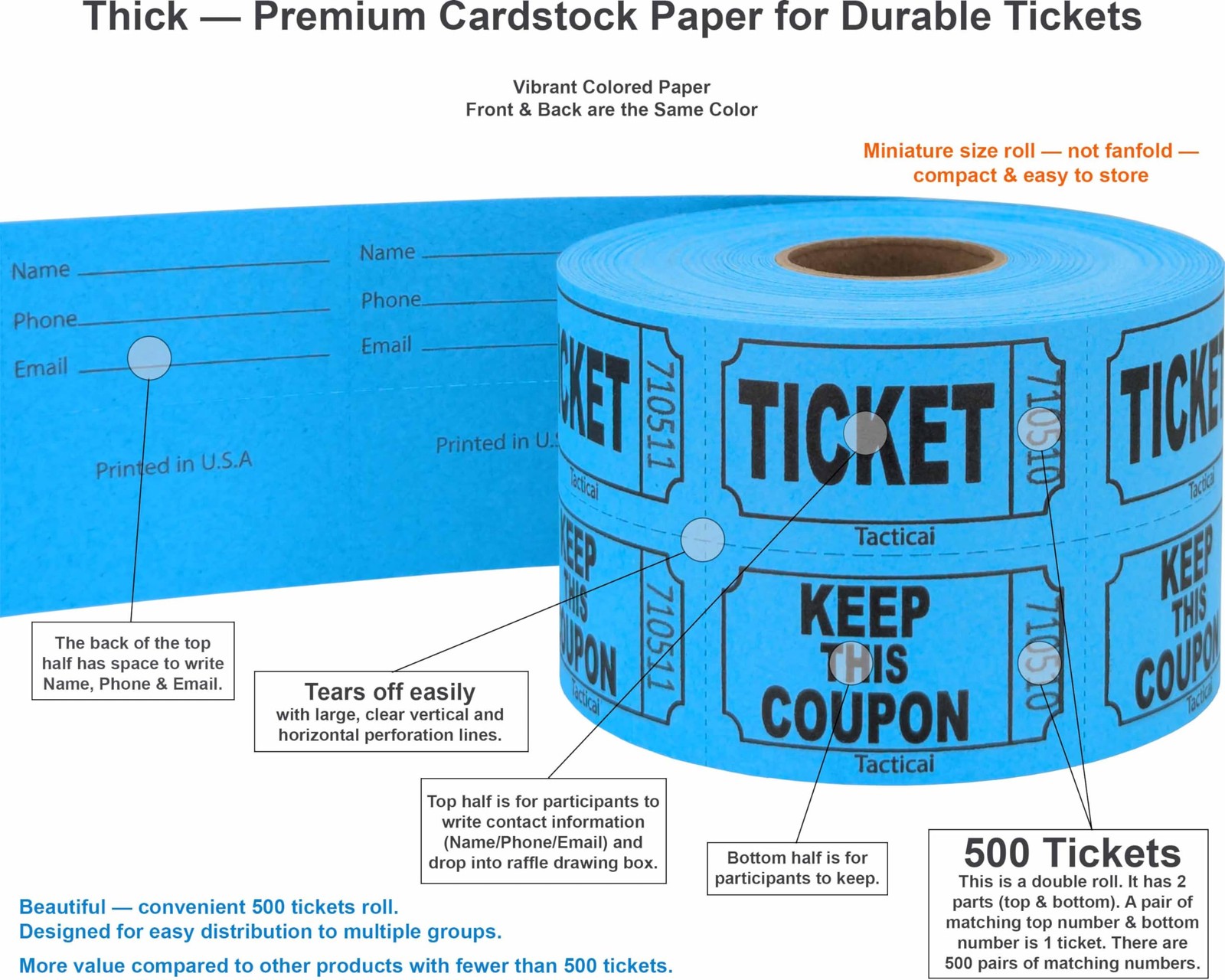 500 Raffle Tickets, Blue (1 of 8 Colors), Double Roll, Ticket for Events, Ent…