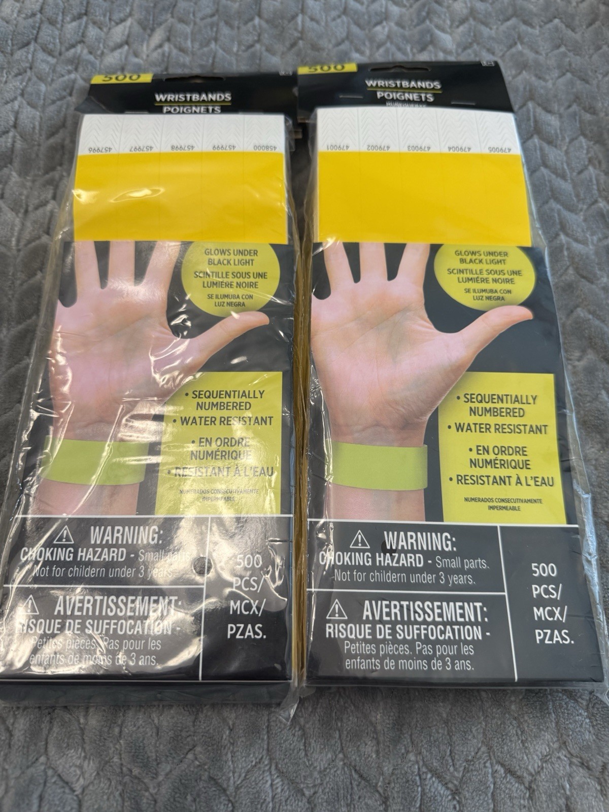 Solid Yellow Wristbands 1000 Pack Secure Sequentially Numbered Glow Black NEW