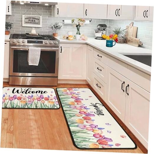 Tulip Floral Spring Decorative Kitchen Rugs Set of 2,Welcome Spring Summer