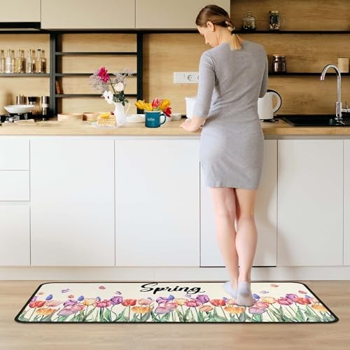 Tulip Floral Spring Decorative Kitchen Rugs Set of 2,Welcome Spring Summer