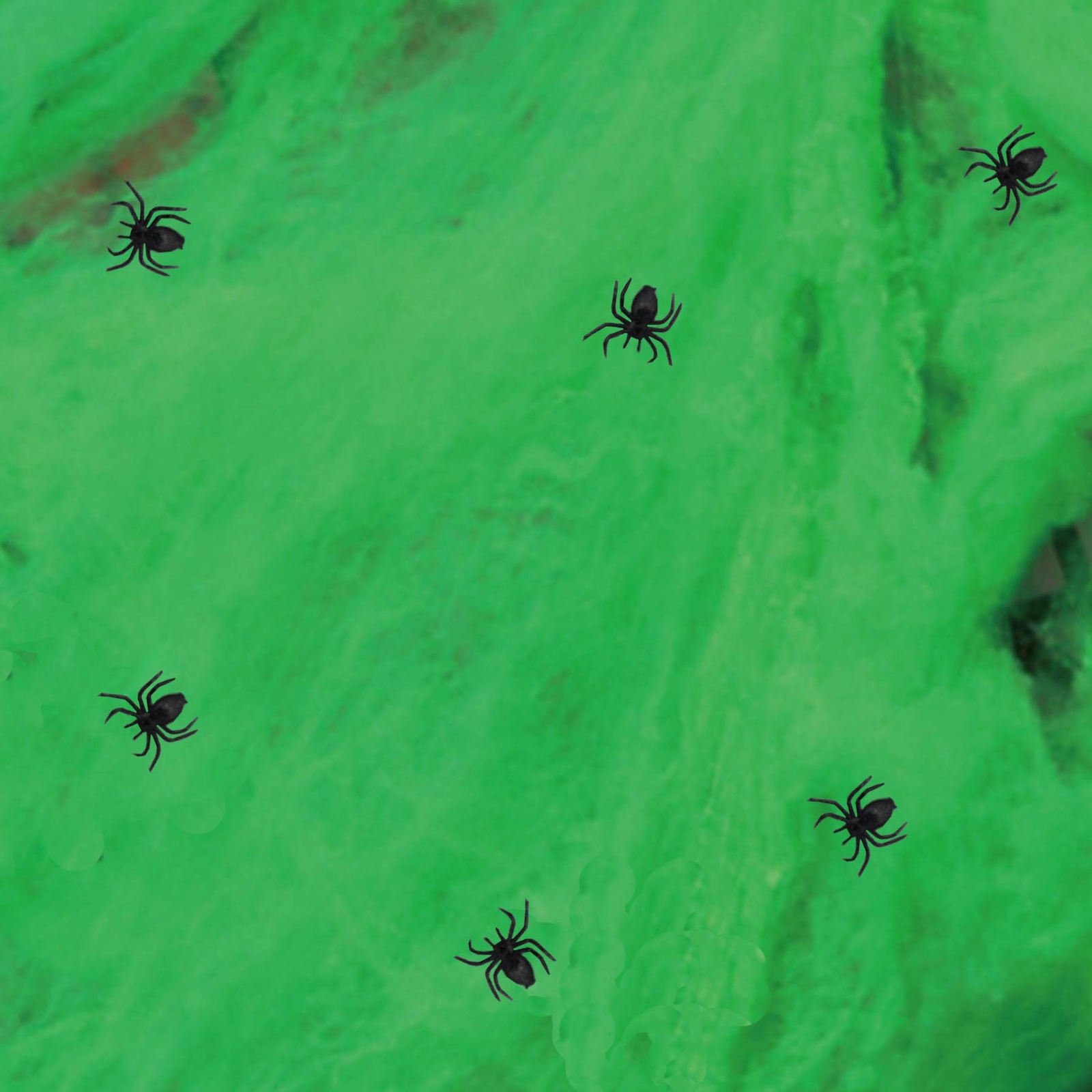Halloween Room Decoration – Green Spider Web 6 Plastic Spiders