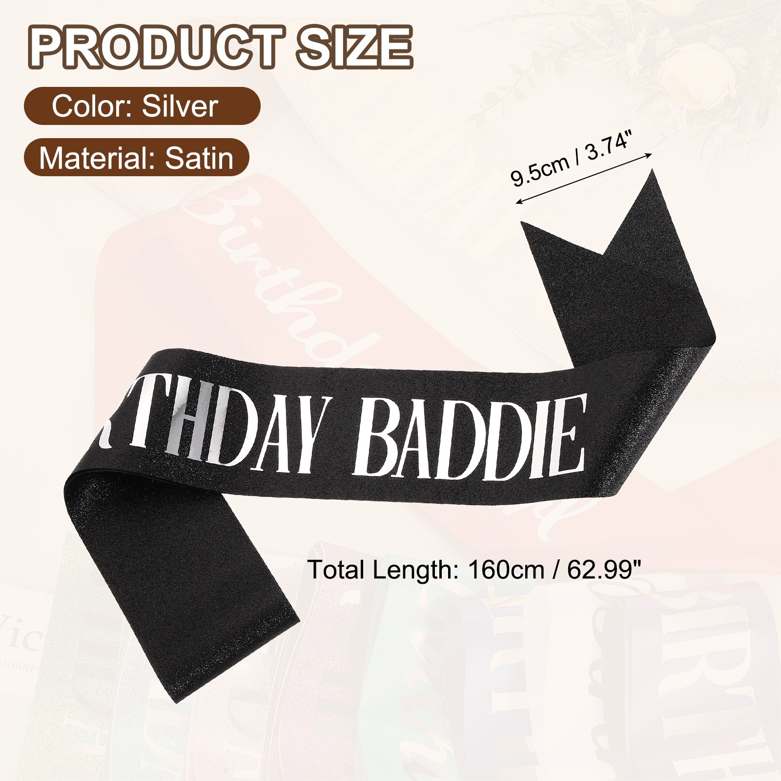 Birthday Baddie Sash with Pin Silver Lettering for Party, Black