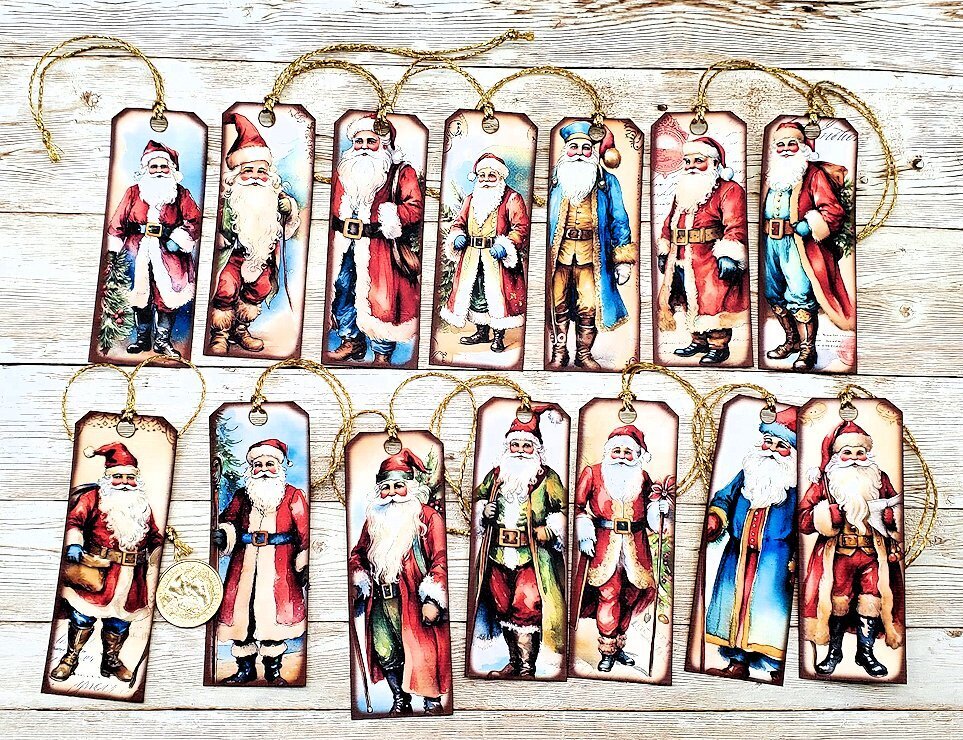 14-Christmas-Watercolor Style-Santa-Holiday-Linen Cardstock-Gift-Hang-Tags