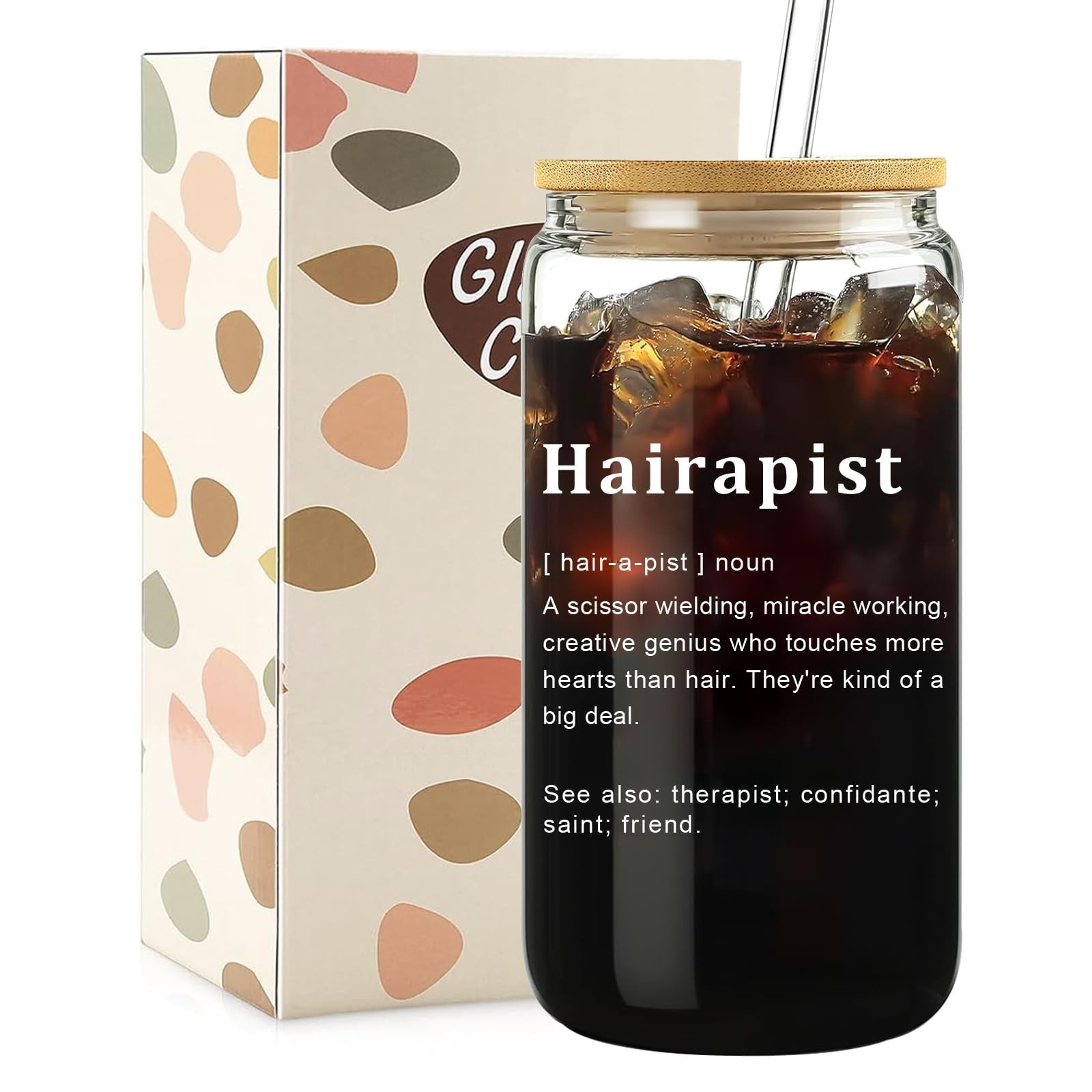 Hairdresser Gifts for Women – Hairapist Glass Cups with Lids and Straws, Barb…