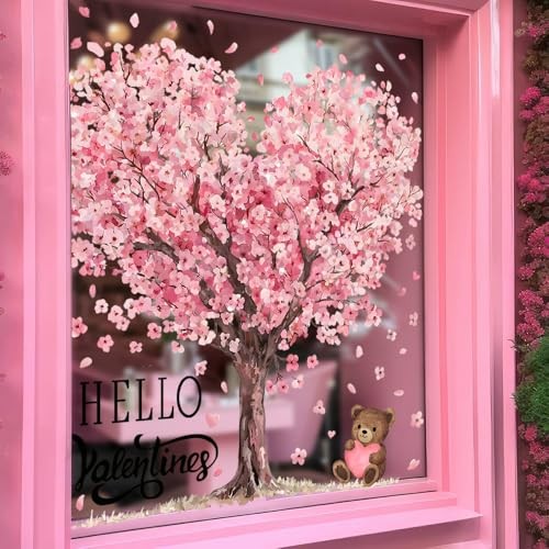 6 Sheets Large Valentine’s Day Window Clings,Pink Heart Tree Valentines Day