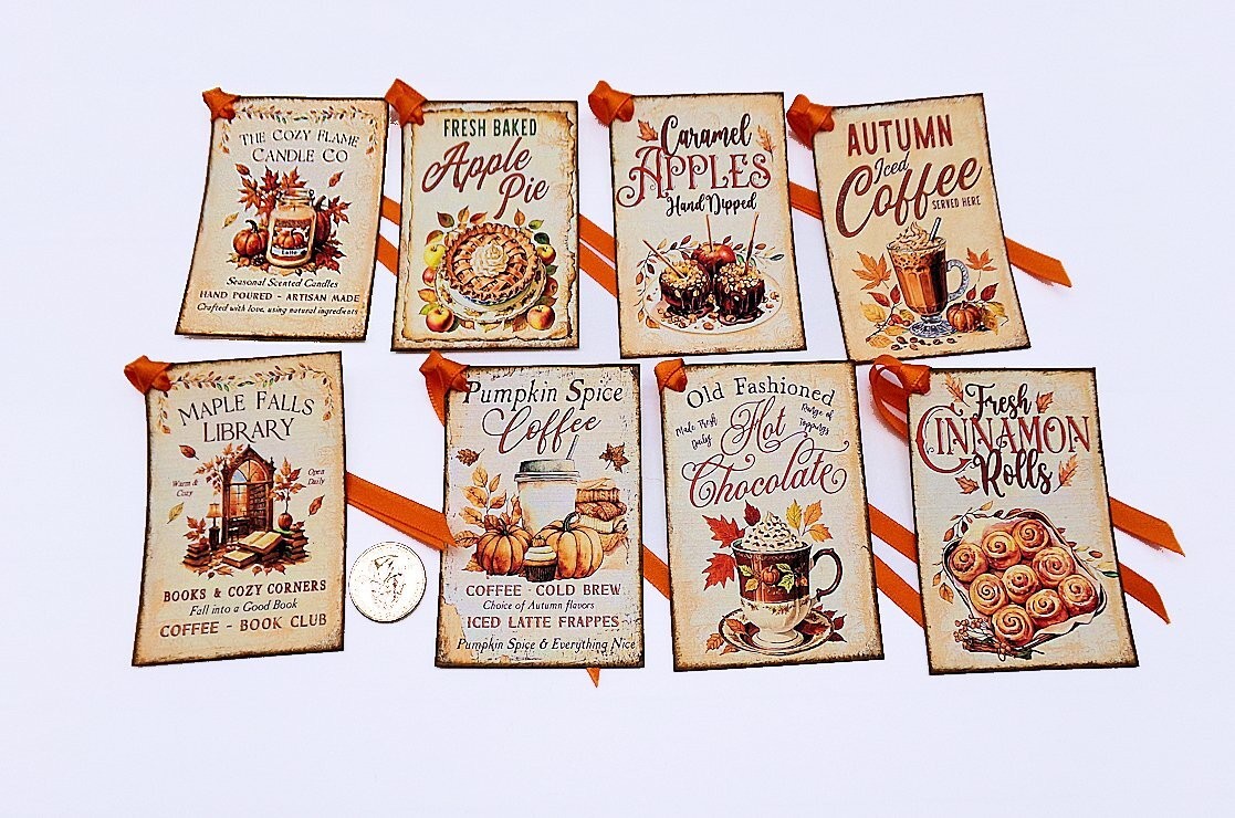 8-Fall-Autumn-Farmhouse-Party Favors-Junk Journal-Linen Cardstock-Gift-Hang-Tags