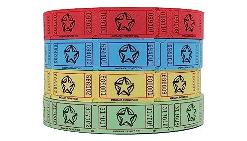 Raffle Roll Tickets – 8000 Total in Blue, Red, Yellow & Green – 1×2 Admission, E