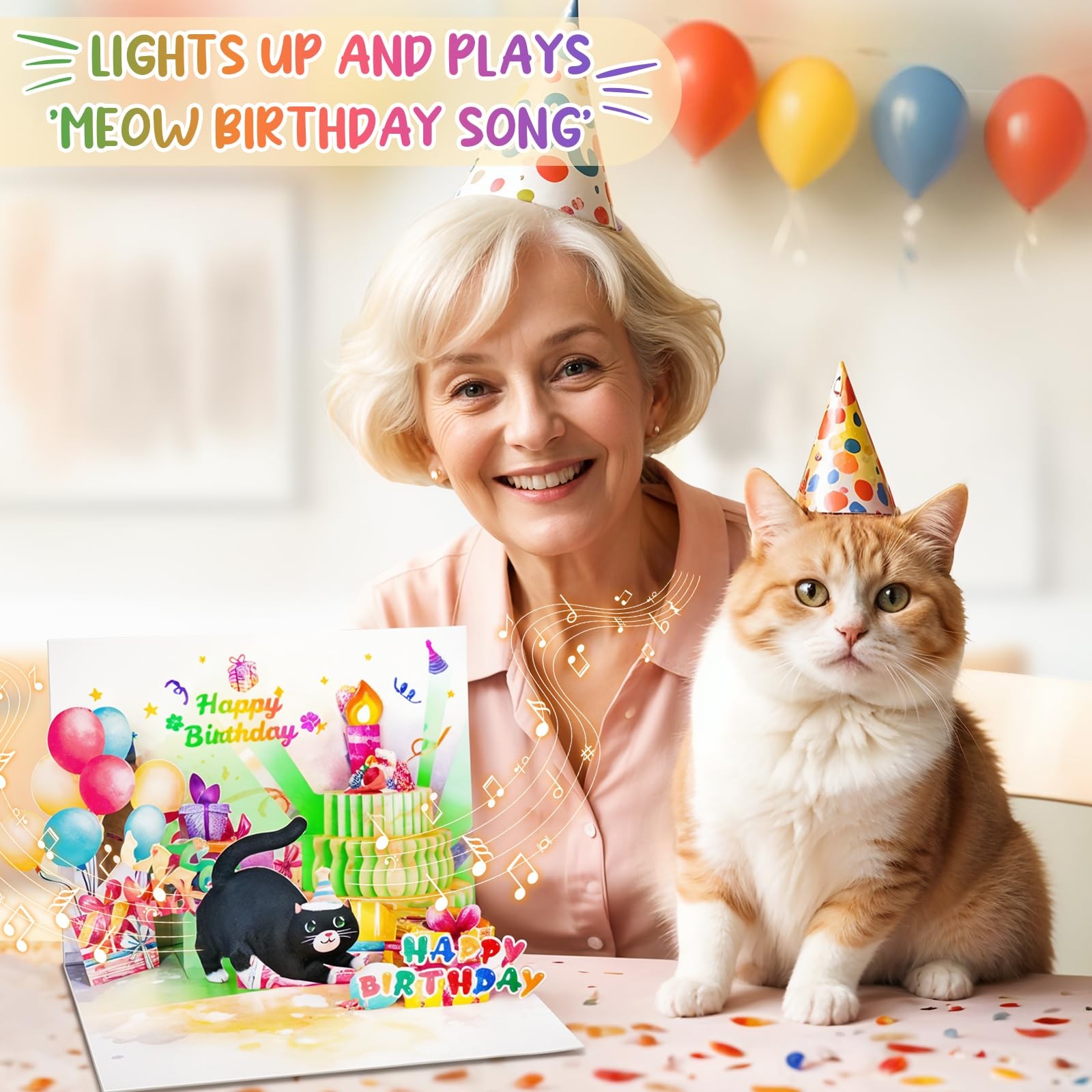 FITMITE Birthday Cards, Cute Cat MUSIC & LIGHTS 7.8 inches x 5.9 inches, pink