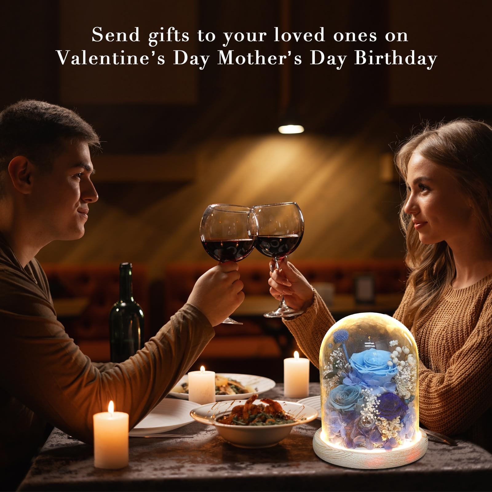 3-Tone Preserved Rose in Glass Dome with LED Lights – Eternal Roses Flower w/…