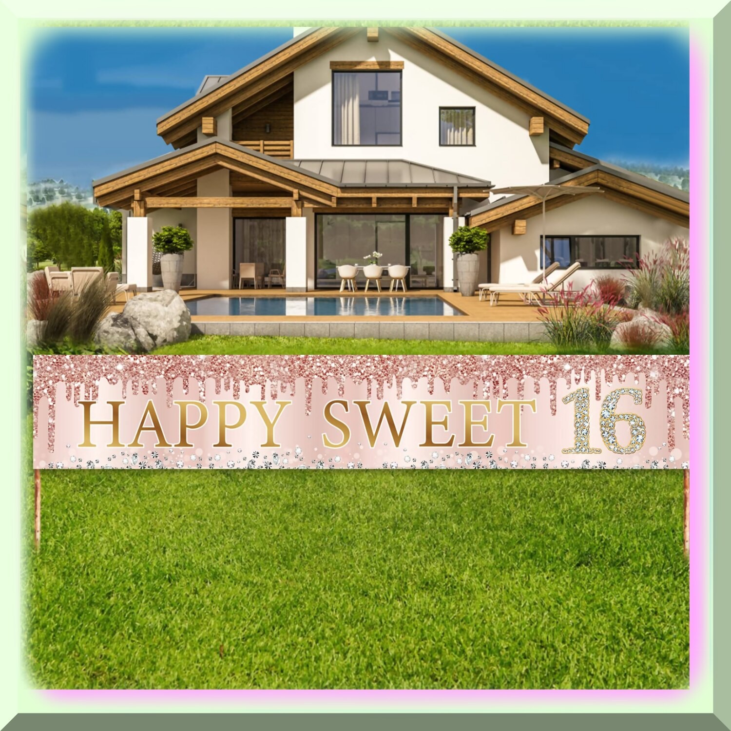 Sweet 16 Celebration Banner Pink Rose Gold Polyester