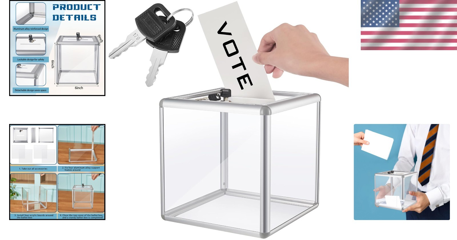 Durable Donation Box with Lock and Key 6 x 6 x 6 Inches High Visibility Design