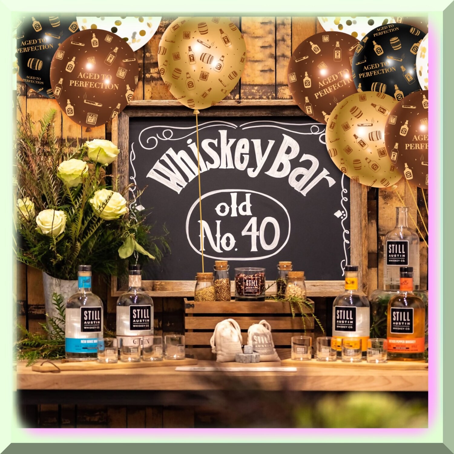 Whiskey Theme Party Balloons Set 36 Latex with Ribbon