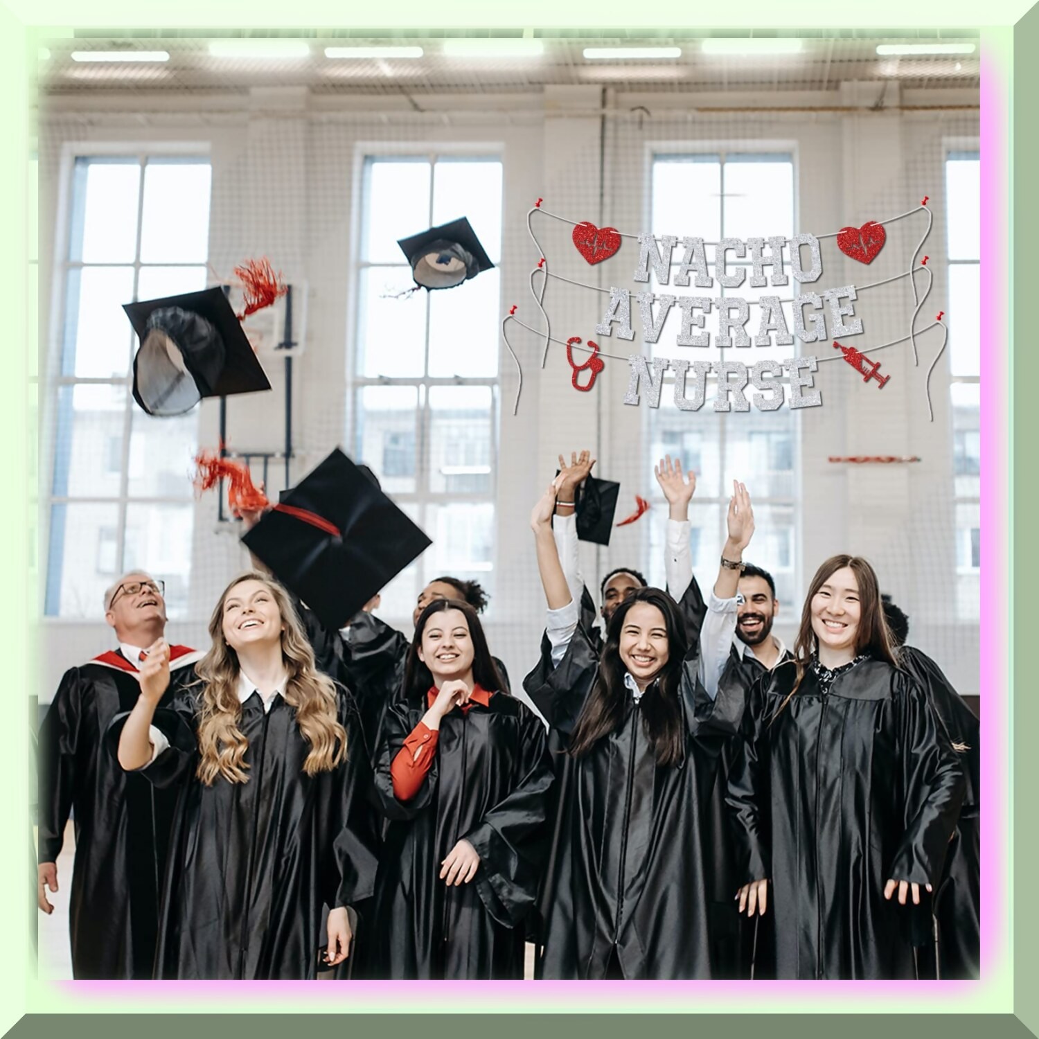 Silver Nurse Graduation Banner with Glitter Letters
