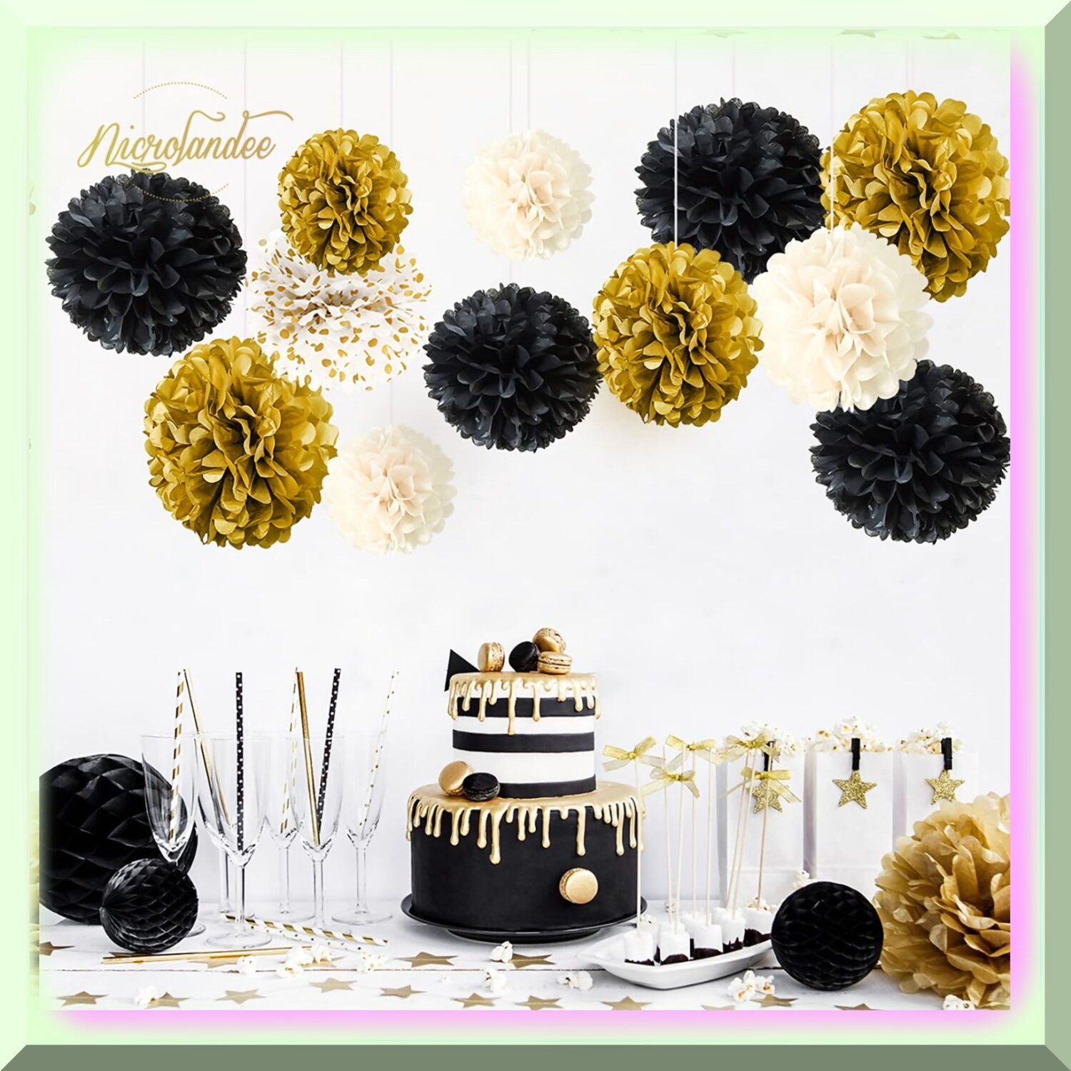 Black, Gold, and White Tissue Paper Pom Poms