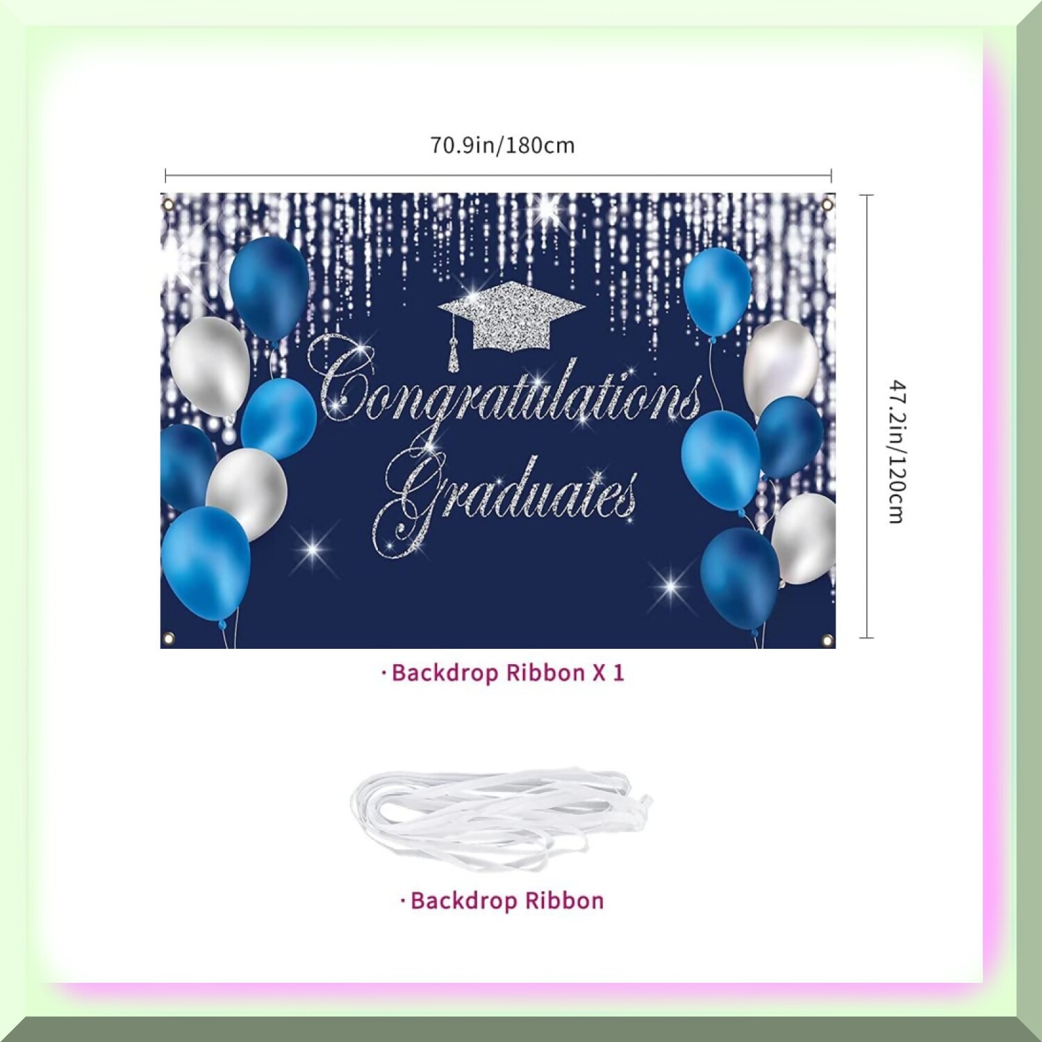 Graduation Party Backdrop Blue Silver 6×3.6 ft