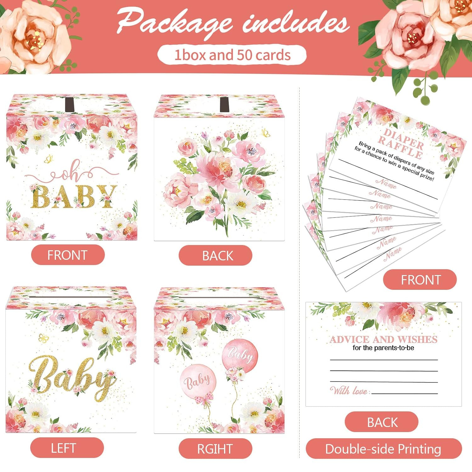 50 Pcs Floral Diaper Raffle Tickets with Diaper Raffle Card Box for Baby Shower