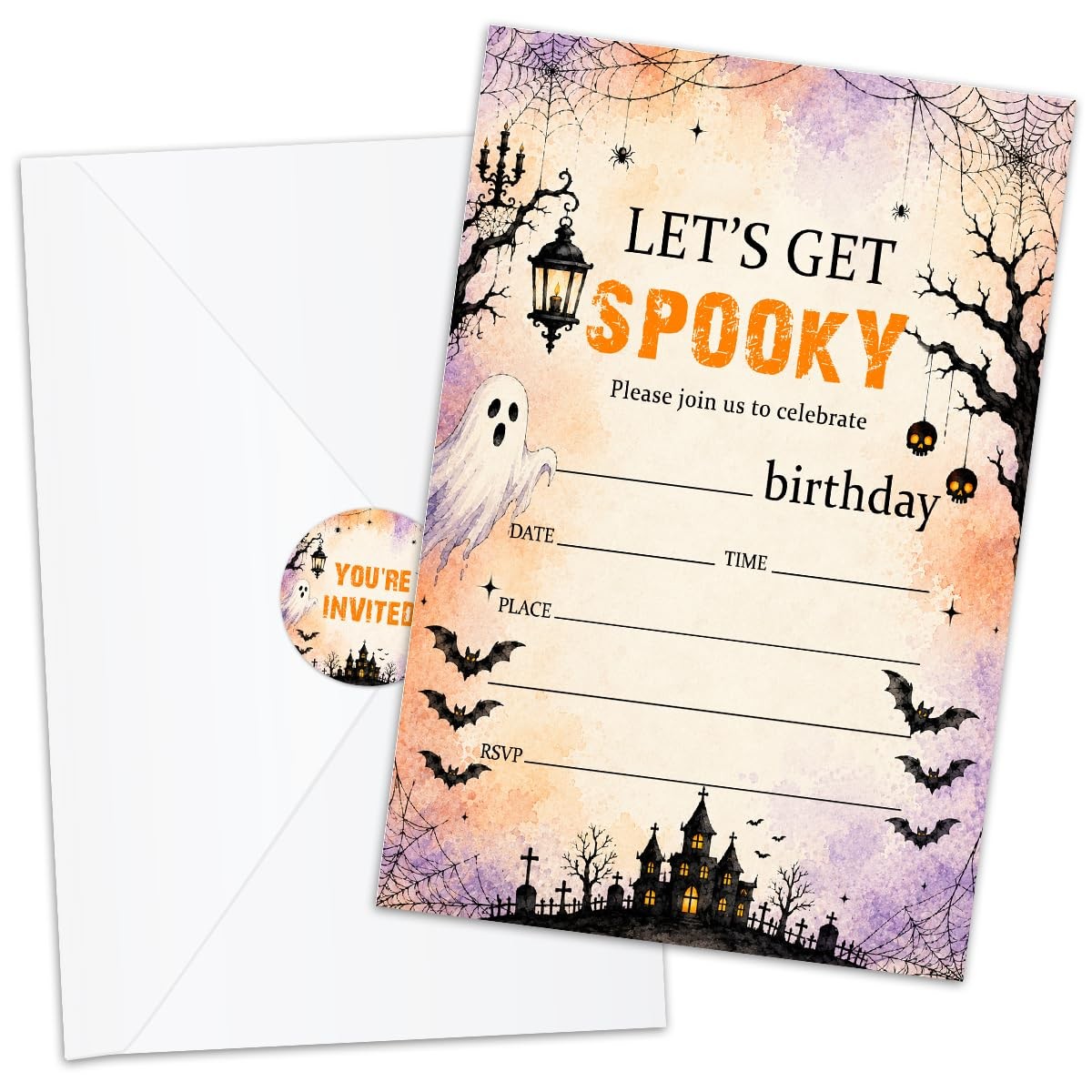 Nopoben Watercolor Spooky Ghost Halloween Birthday Invitation, multicolored