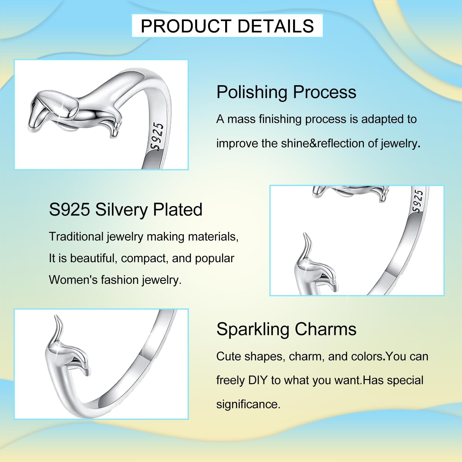 Dachshund Open Rings for Women S925 Sterling Silver Dachshund Open Ring