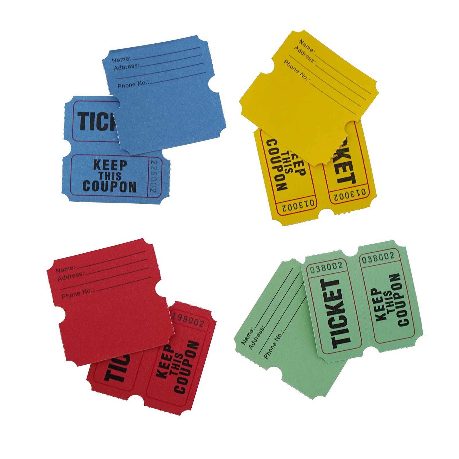 4Color Set of 1000 2x2in 50/50 Double Roll Raffle Tickets Blue/Yellow/Red/Green