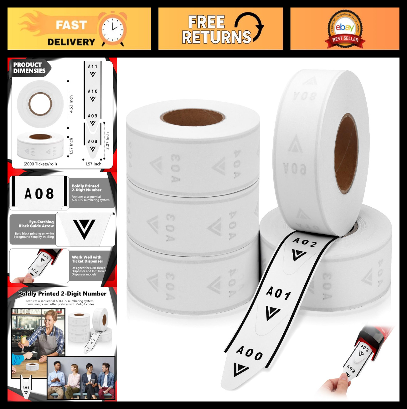 10,000 Take A Number Tickets – 5 Rolls, 2-Digit Numbered for Restaurant & Bank U