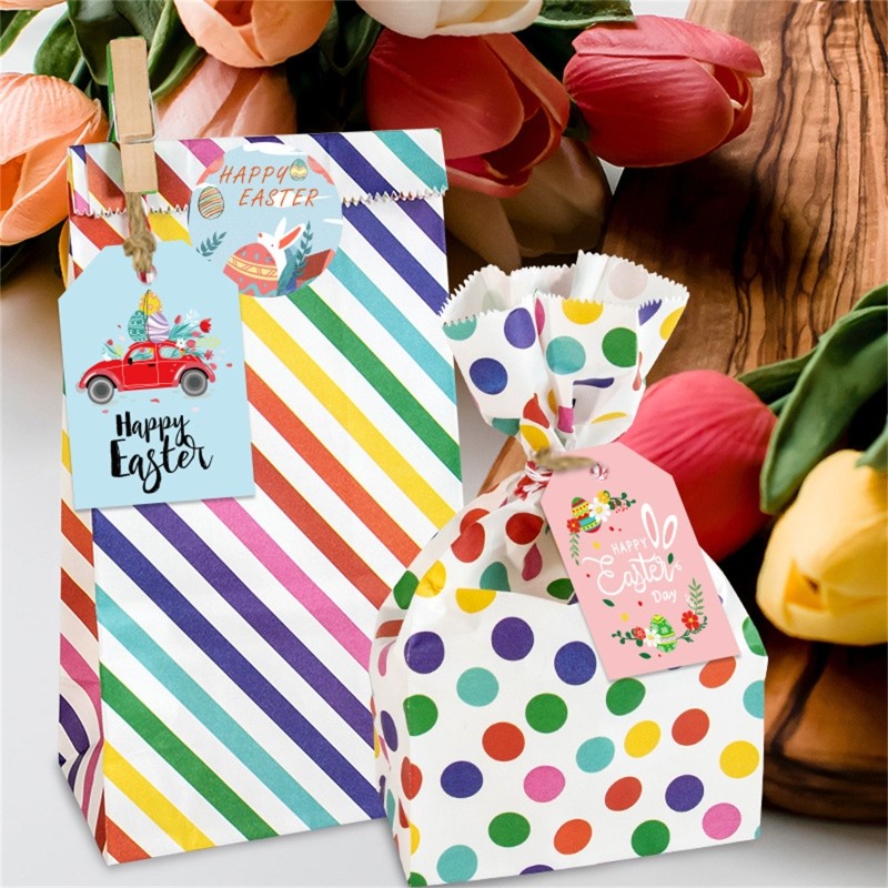 DIY Easter Gift Paper Bags Set include Bag Clips Stickers Hanging Tags Rope