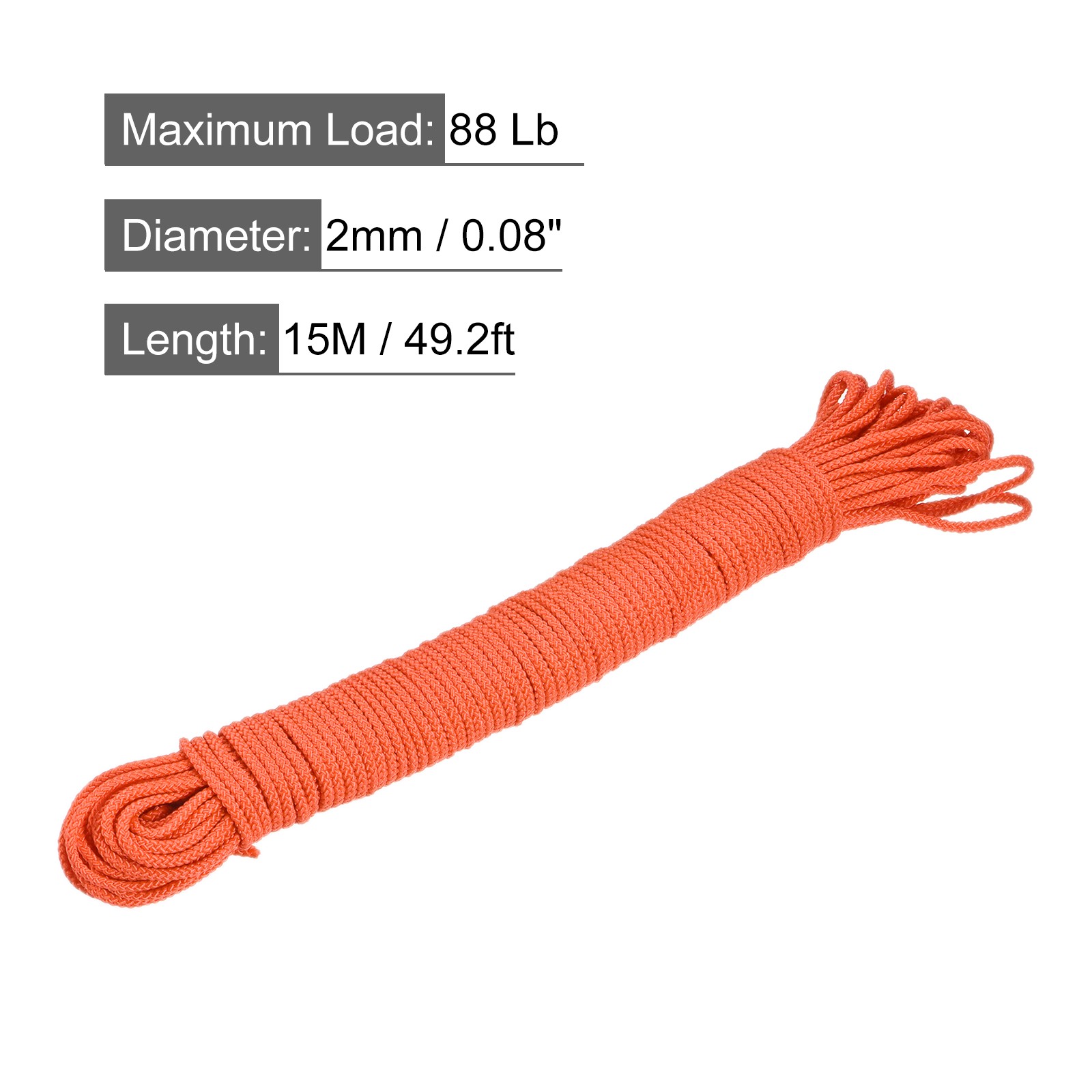 15M/49.2ft 2mm Orange Outdoor Braided Polypropylene Rope