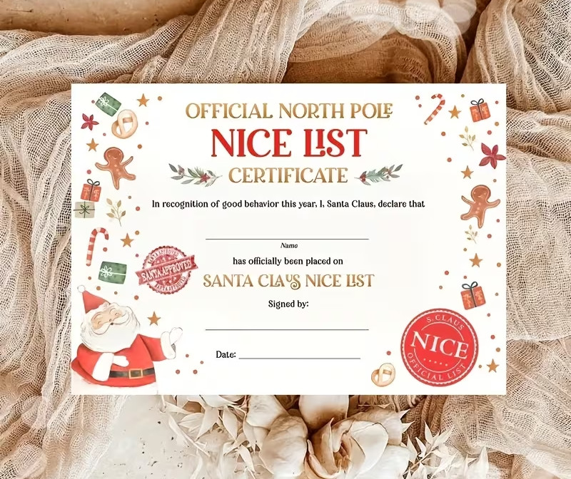 Santa Claus Nice List Certificate Christmas Stocking Stuffer Gift