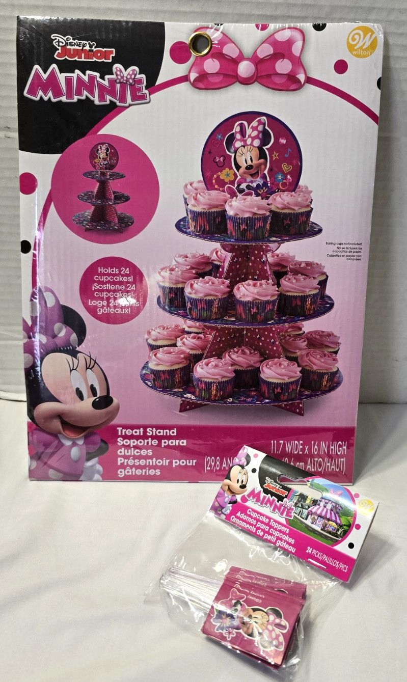 DISNEY JUNIOR MINNIE MOUSE TREAT STAND / Wilton + 24 Cupcake Picks NEW