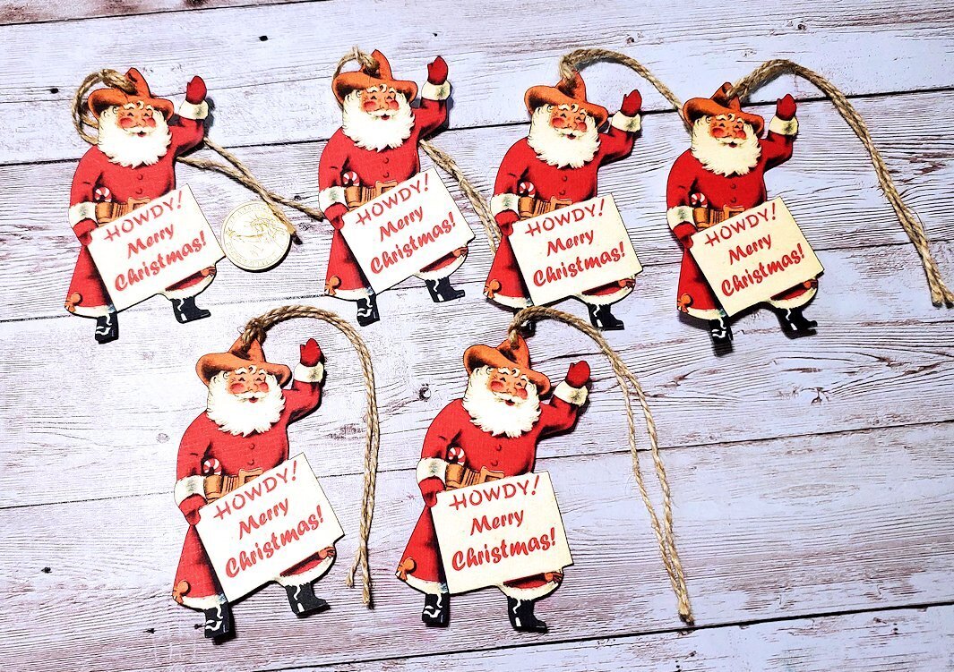 6-Christmas-Farmhouse-Western-Santa-Fussy Cut-Linen Cardstock-Gift-Tags