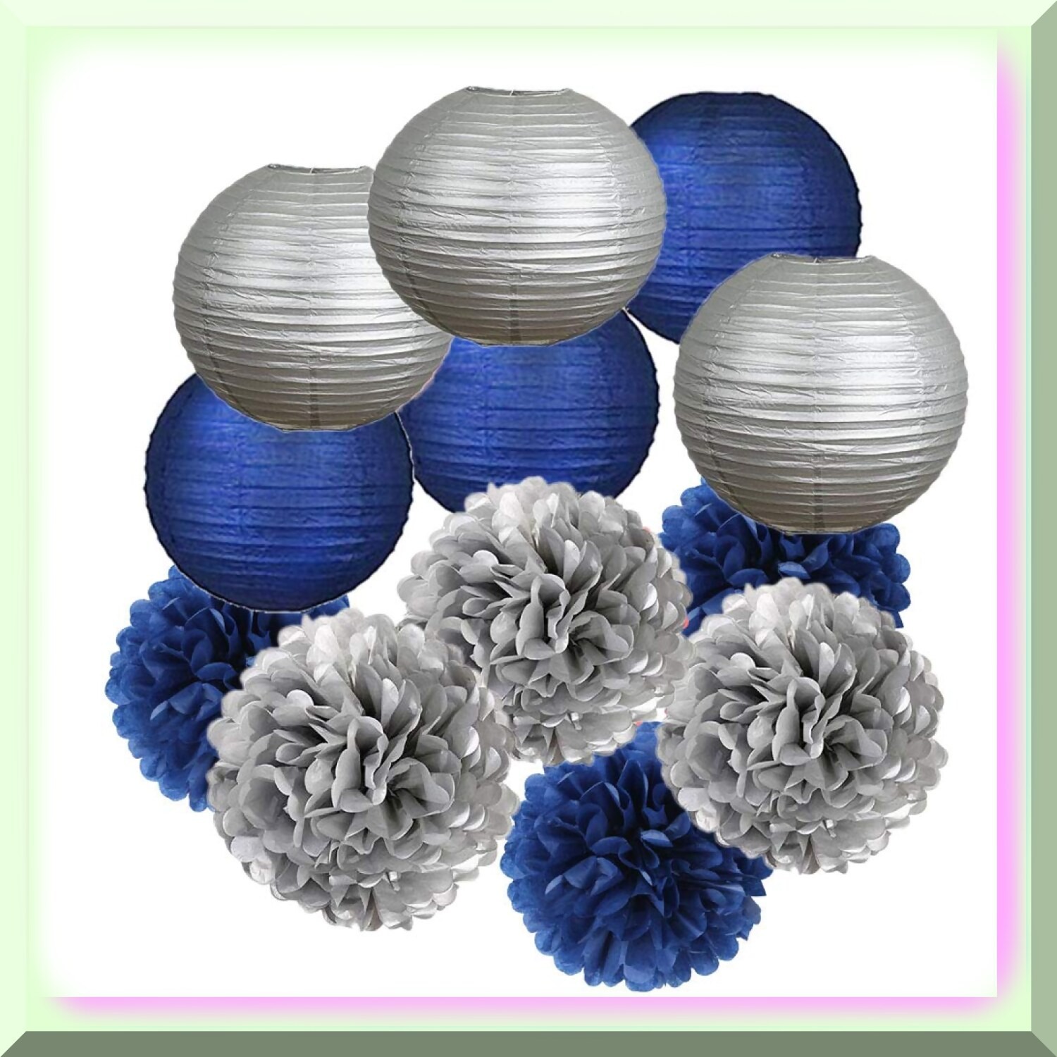 Blue and Silver Tissue Pom Poms and Lanterns Set