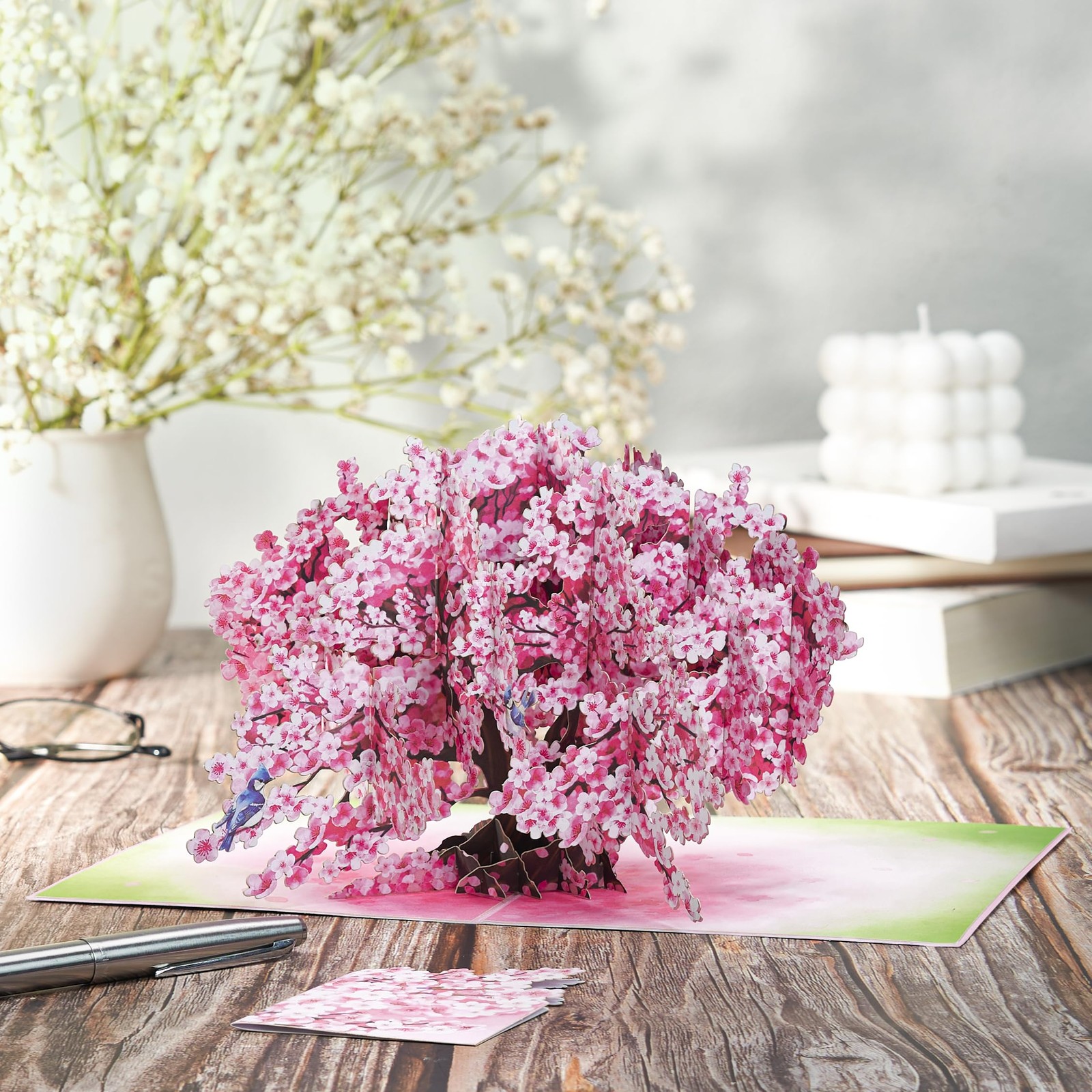 POPWOW Bonsai Cherry Pop Up Cards, Blue Bird, 3D Greeting 5×7″,