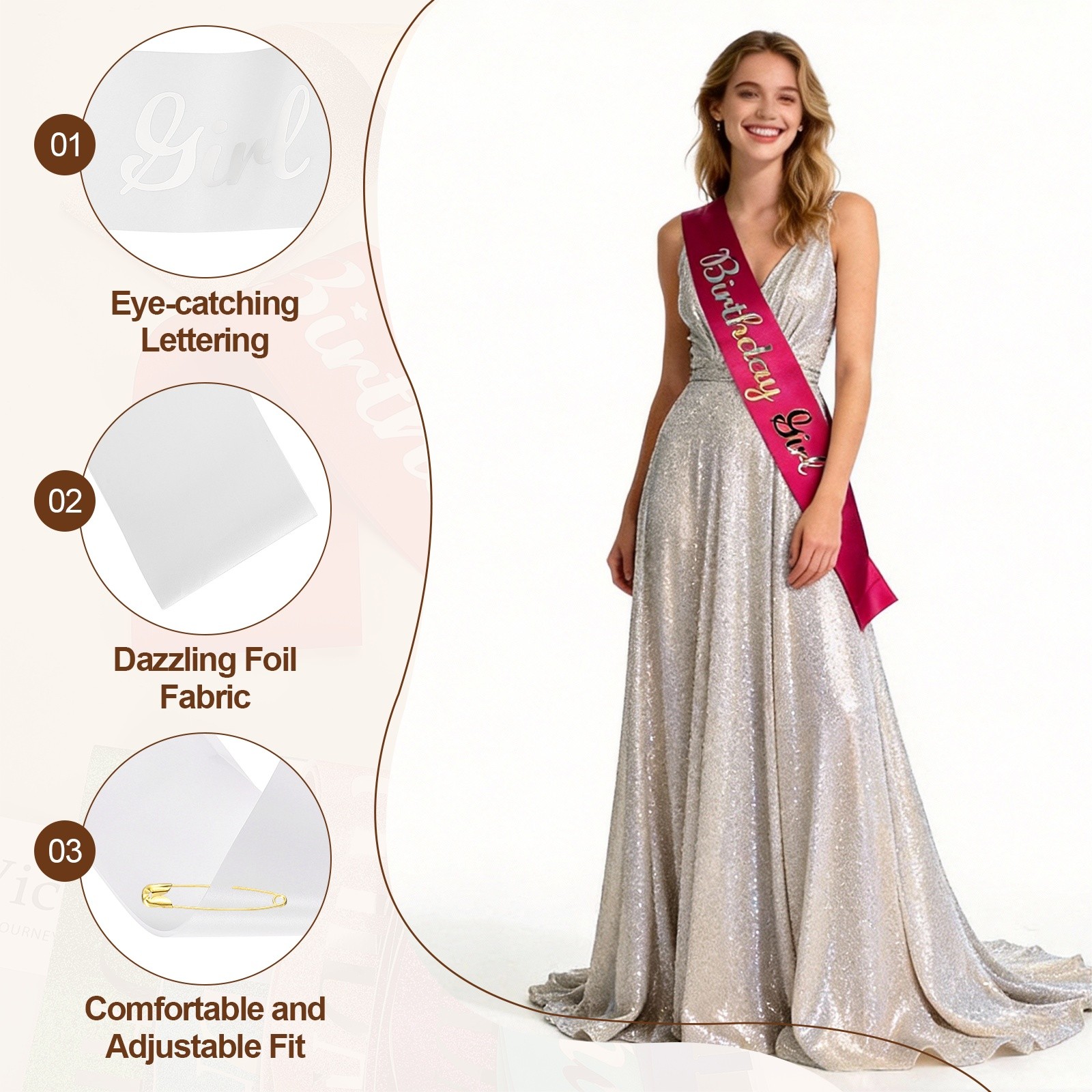 Birthday Girls Sash with Pin Silver Sparkle Lettering for Birthday Party, White