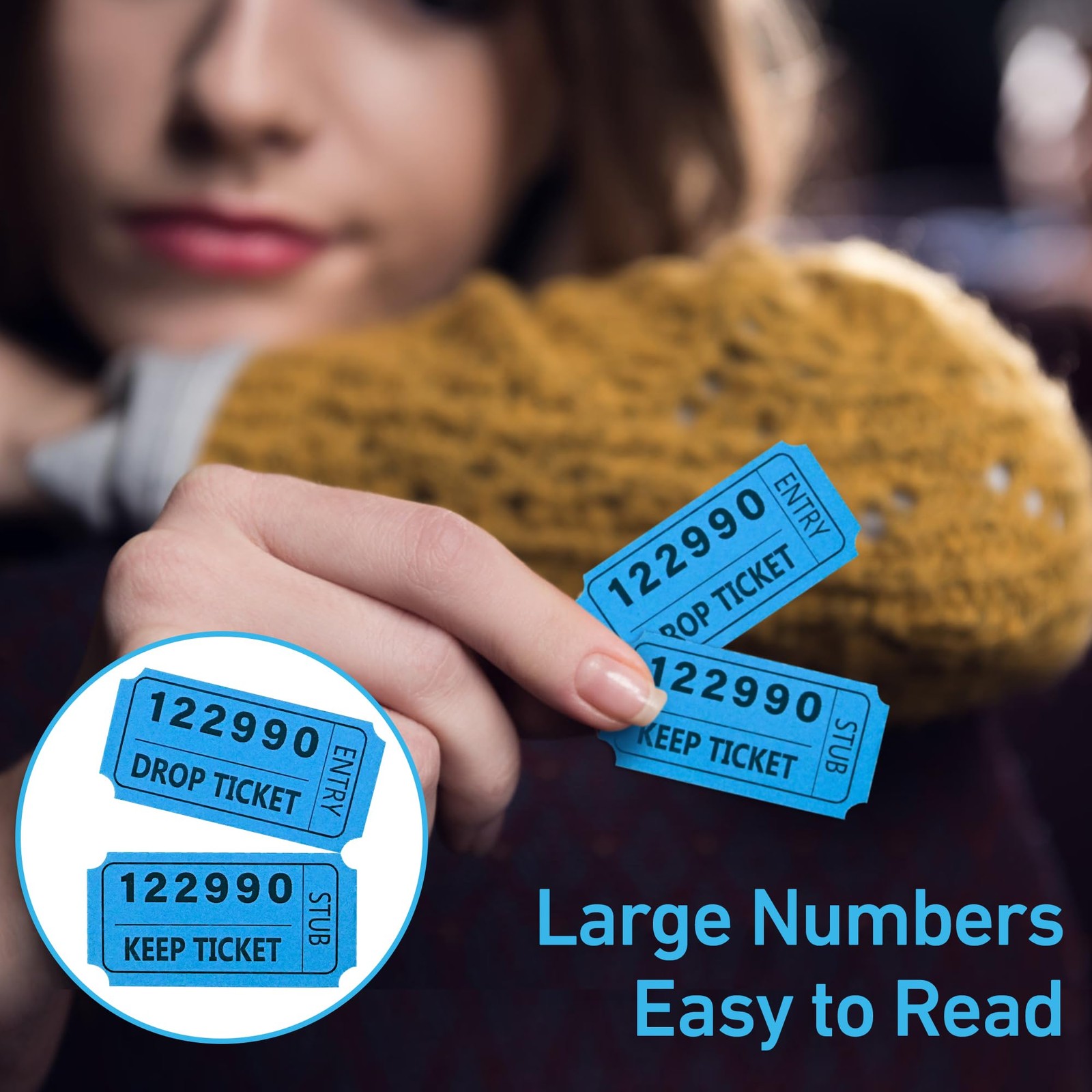 2″x2″ Blue 50/50 Raffle Tickets with Large Bold Numbers